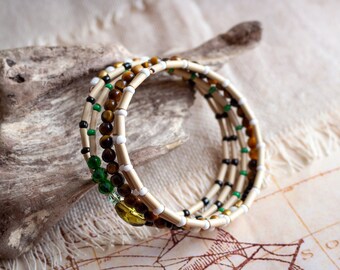 Multistring beaded bracelet ~ Recycled beads bracelet ~ Tiger eye bracelet ~ Spiral beaded bracelet ~ Memory wire beaded bracelet