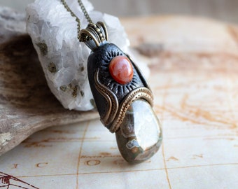 Rhyolite and carnelian gemstone pendant ~ Hand sculpted polymer clay jewelry