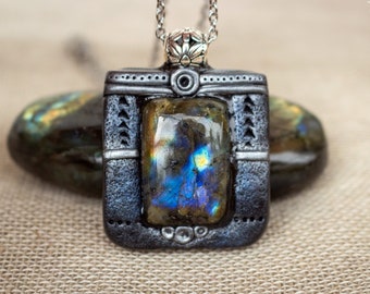 Labradorite pendant ~ Stainless steel chain ~ Hand sculpted polymer clay ~ One of a kind jewellery ~ Fantasy pendant