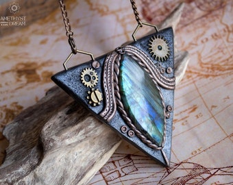 Steampunk necklace with labradorite ~ Steampunk industrial pendant ~ Hand sculpted polymer clay statement pendant ~ Steampunk jewelry