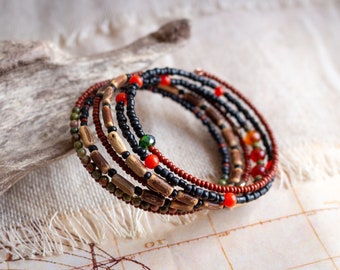 Multistring beaded bracelet ~ Recycled beads bracelet ~ Spiral beaded bracelet ~ Memory wire bracelet ~ Gemstone and glass beads bracelet
