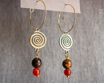 Long dangle earrings with tiger eye and carnelian gemstones ~ Boho gemstone earrings ~ Stainless steel hoop earrings with spiral connectors