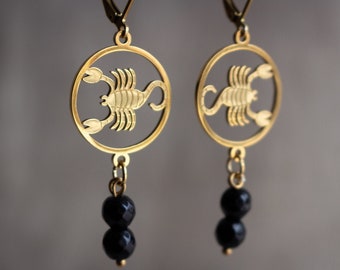 Scorpio zodiac earrings with black onyx beads ~ Gold colour stainless steel earrings ~ Gemstone dangle earrings ~ Zodiac sign earrings