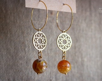 Gold plated stainless steel earrings ~ Dangle earrings with agate beads and sun mandala connectors ~ Boho gemstone earrings