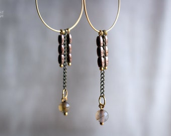 Dangle gemstone earrings ~ Large hoop earrings ~ Stainless steel hoops ~ Hematite & agate earrings ~ Fairy elven jewelry