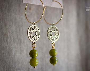 Gold plated stainless steel earrings ~ Dangle earrings with green jade beads and sun mandala connectors ~ Boho gemstone earrings