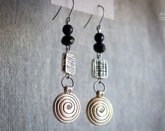 Dangle earrings with glass beads and black onyx beads ~ Stainless steel earwires ~ Spiral charm earrings ~ Dangle boho earrings