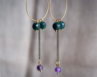 Dangle gemstone earrings ~ Large hoop earrings ~ Stainless steel hoops ~ Amethyst & green agate earrings ~ Fairy elven jewelry