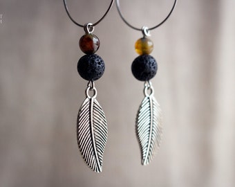 Long dangle hoop earrings with lava stone and agate beads ~ Feather charms dangle earrings ~ Boho gemstone earrings ~ Stainless steel hoops