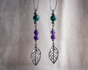 Amethyst & green agate leaf charm earrings ~ Long dangle crystal earrings ~ Nature motif gemstone earrings ~ Fairy elven jewelry