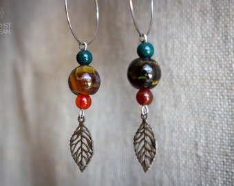 Long dangle gemstone earrings ~ Crystal beads earrings ~ Big hoop earrings ~ Stainless steel hoop earrings ~ Statement earrings