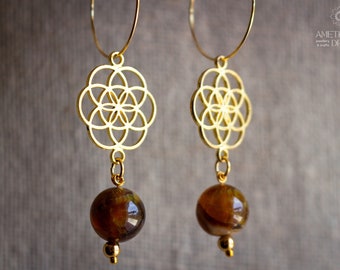 Long dangle earrings with agate beads and seed of life connectors ~ Boho gemstone earrings ~ Sacred geometry jewellery