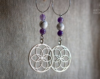 Long dangle earrings with amethyst & howlite beads and seed of life connectors ~ Boho gemstone earrings ~ Sacred geometry jewellery