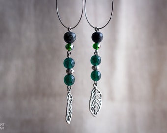 Serpentine & green agate leaf charm earrings ~ Long dangle crystal earrings ~ Nature motif gemstone earrings ~ Fairy elven jewelry