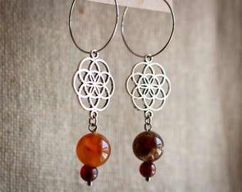 Long dangle earrings with agate beads and seed of life connectors ~ Boho gemstone earrings ~ Sacred geometry jewellery