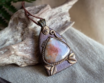 Ocean jasper pendant ~ Polymer clay and gemstone pendant ~ Magical Fantasy Elven Jewelry
