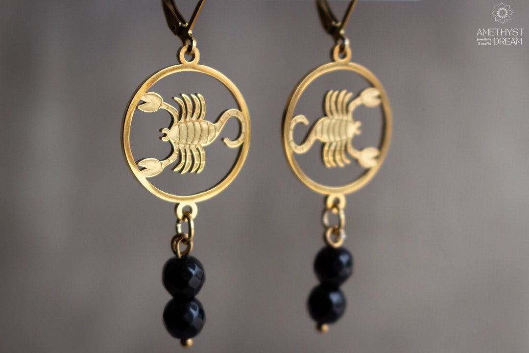 Scorpio Zodiac Earrings With Black Onyx Beads Gold Colour Etsy