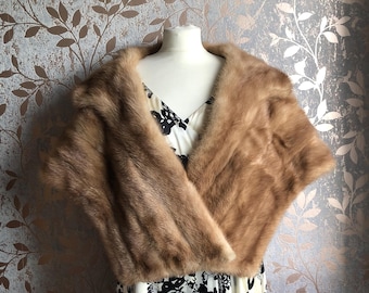 Vintage Real Golden Brown Mink Fur Stole Wrap Shrug Wedding / Opera / Occasion / Formal S16