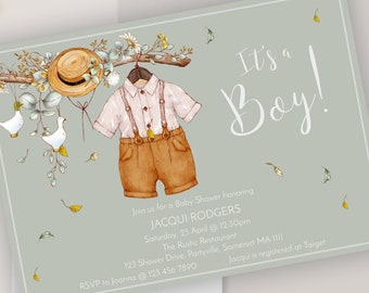 Boy Baby Shower Invitation It's a Boy Baby Shower Baby Clothes Boho Floral Editable Instant Download
