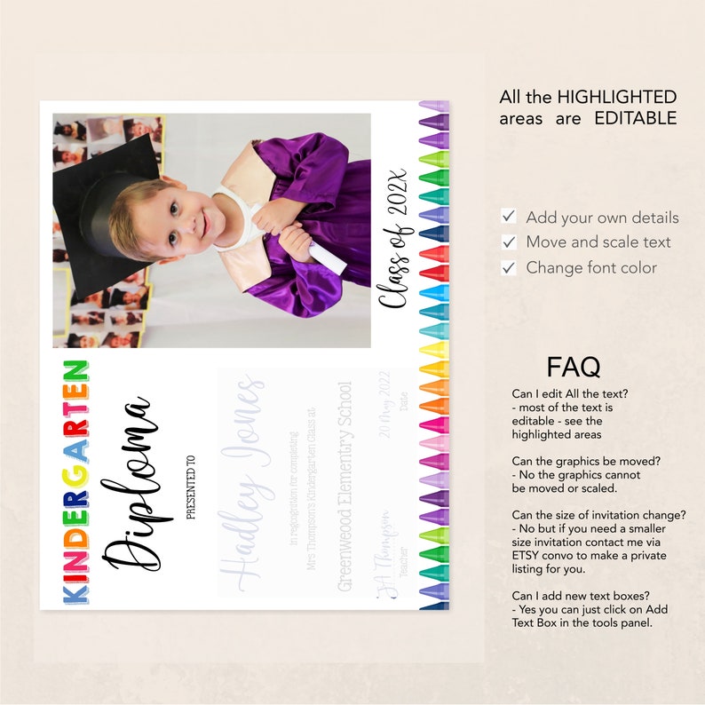 Editable Kindergarten Diploma with Photo, Preschool Certificate Template, Graduation Diploma 2024, INSTANT DOWNLOAD image 4