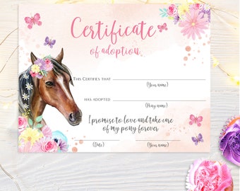 Horse Adoption Certificate, Horse Birthday Party, Editable Adoption Certificate, Pony Adoption, Instant Download,