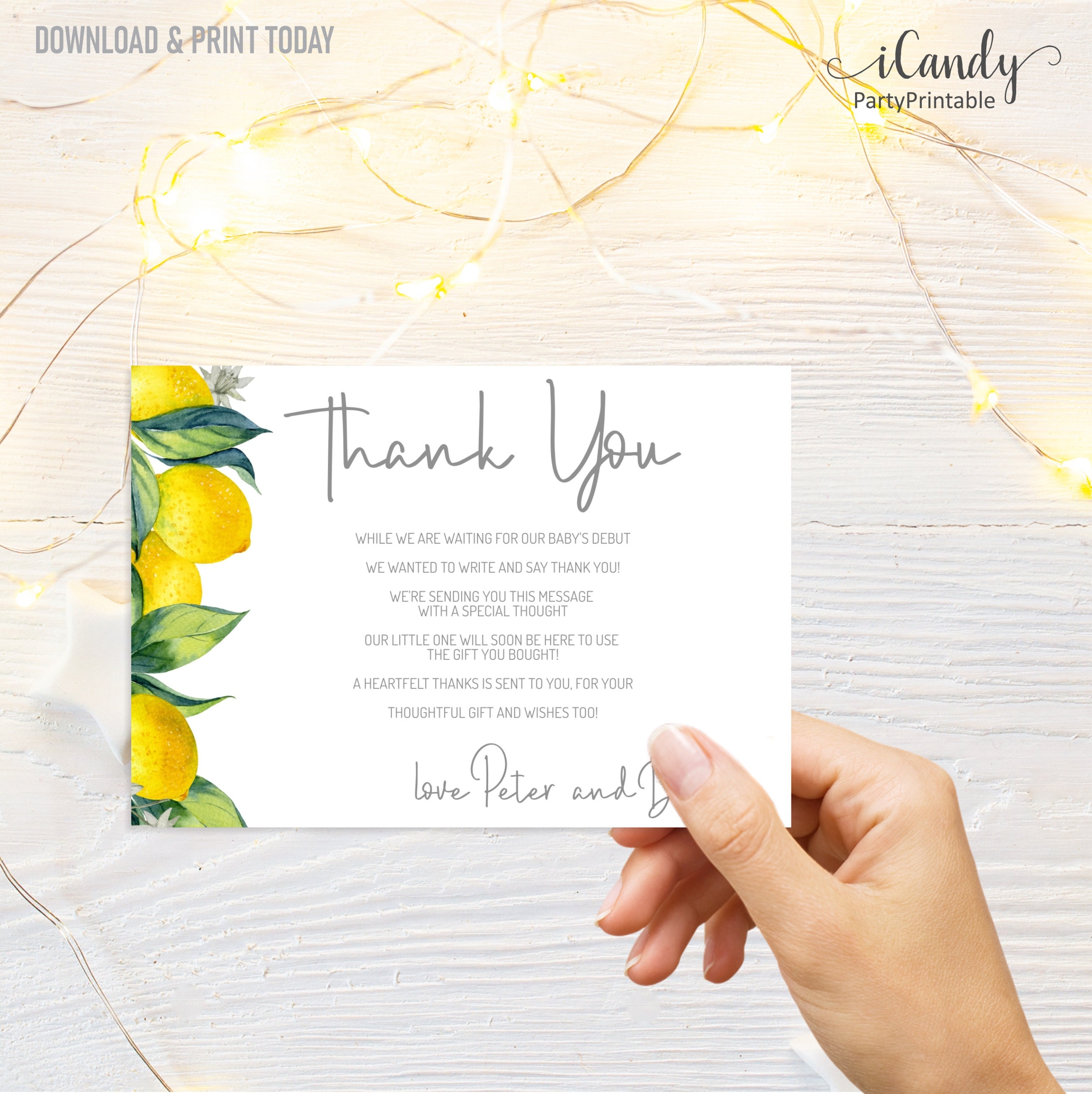 Lemon Thank You Card Lemon Baby Shower Blank Thank You Card Etsy
