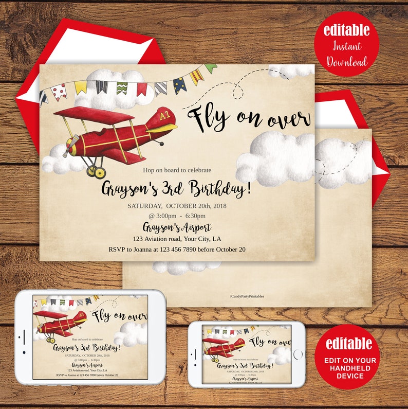 Airplane Invitation, Airplane Party Editable Invitation, Fly on over invite, Instant download image 2