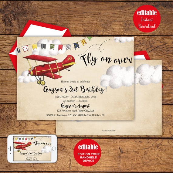 Airplane Birthday Invitation, Airplane Party, Editable Invitation, ICPO2 Il_570xn