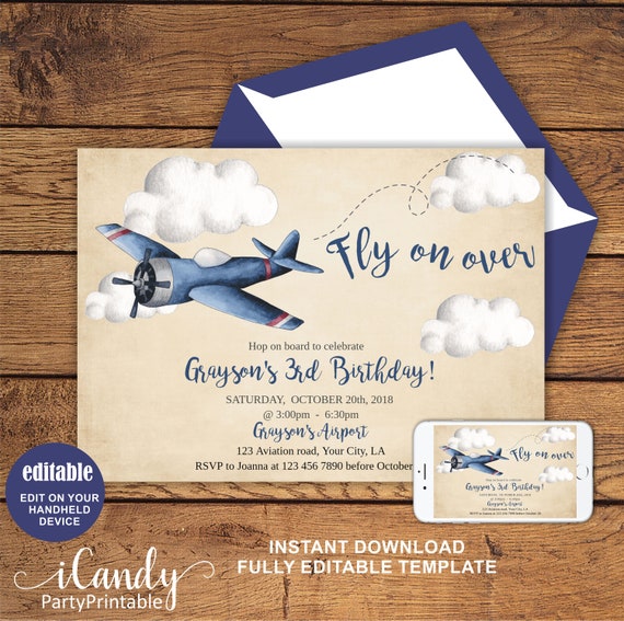 Blue Airplane Party Invitation, Airplane Boy Birthday Invitation, Editable Invitation, Il_570xn