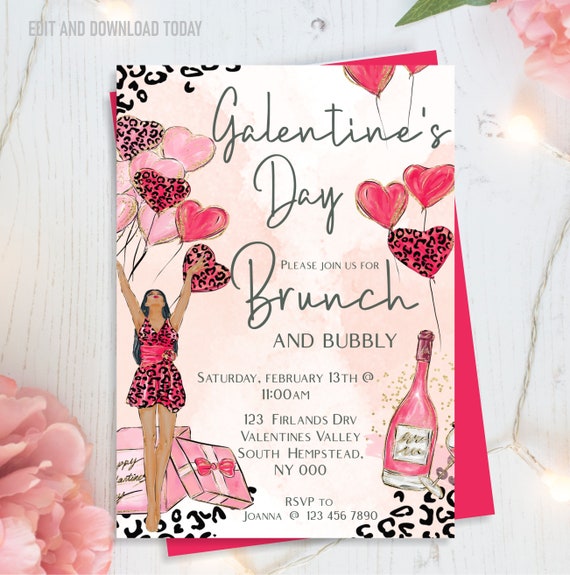 Galentine's Brunch Invitation, Galentine's Day, Brunch and Bubbly, Animal Print, Editable Instant Download, Il_570xn