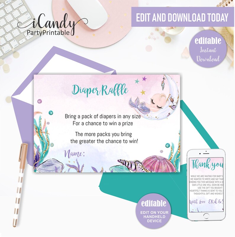 Diaper Raffle game Editable Diaper Raffle Card Mermaid Baby Shower Instant download,