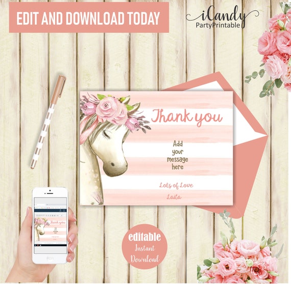 Thank you Cards, Horse Birthday for a Girl, Editable Instant download, Il_570xn