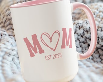 Mom EST 2023 Coffee Mug, New Mom Gift, Mother's Day Mug, Heart Graphic, Pregnancy Reveal Mug, Gift for New Parents,