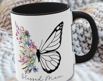 Blessed Mom Floral Butterfly Coffee Mug,  Women's Spring Flower Mug, Mother's Day Gift, Nature Design,