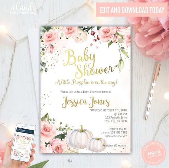 Pumpkin Baby Shower Invitation, Fall Baby Shower Invitations, Editable Invitation, Il_570xn