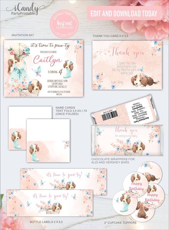 Puppy Birthday Party Bundle for a Girl, Puppy Birthday Decor, Instant Download Il_570xn