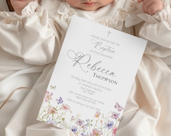 Wildflower Baptism Invitation Girl, Baptism Invitation, Editable Wildflower Baptism, Christening Invitation, Printable Instant Download,