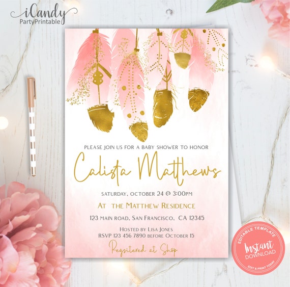 boho baby girl shower invitations