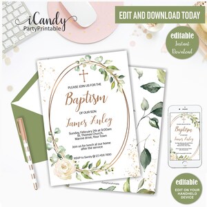 Printable Baptism Invitation Template, Greenery Baptism Template, Printable Baptism Invite Template,Editable image 2