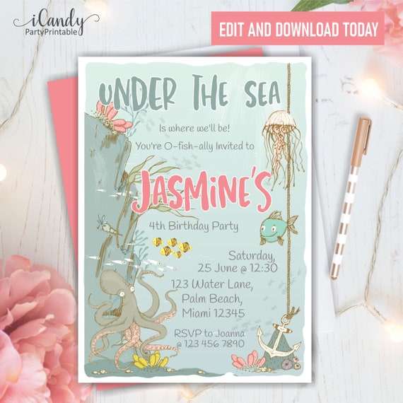Sea Animals, Birthday Invitations for Girls, Under the Sea Party, Editable Instant Download, Il_570xn