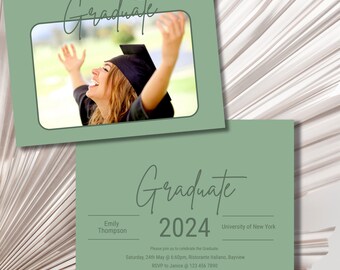 Modern Graduation Invitation in Sage Green, Minimalist Design with Customizable Photo, Editable Instant Download Graduation Invitation,