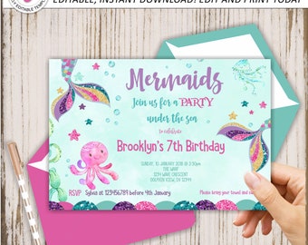 Mermaid Birthday Invitation, Purple Gold Teal Mermaid, Mermaid's Tail, Little Mermaid Invite, Mermaid Party, Templett, Instant Download