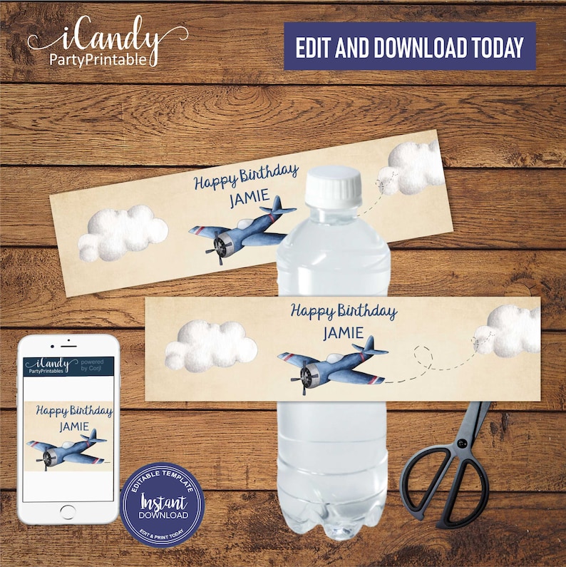 Airplane Water Bottle Labels DIY Printable Party decor Instant download, Editable Labels