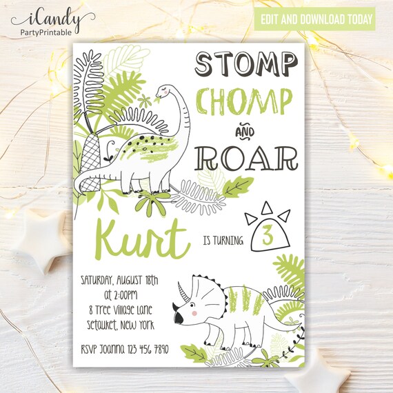 Dinosaur, Birthday Invitations, Boy, Printable Instant Download