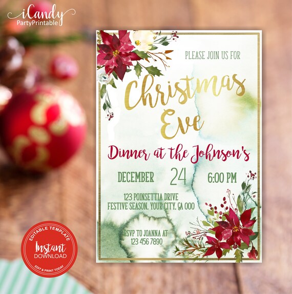 Christmas Eve Dinner Party Invitation Printable, Christmas Eve