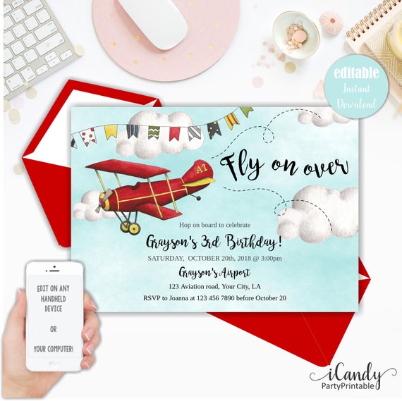 Airplane Invitation, Airplane Party, Invitation Template, Instant download, Editable invitation, Il_570xn
