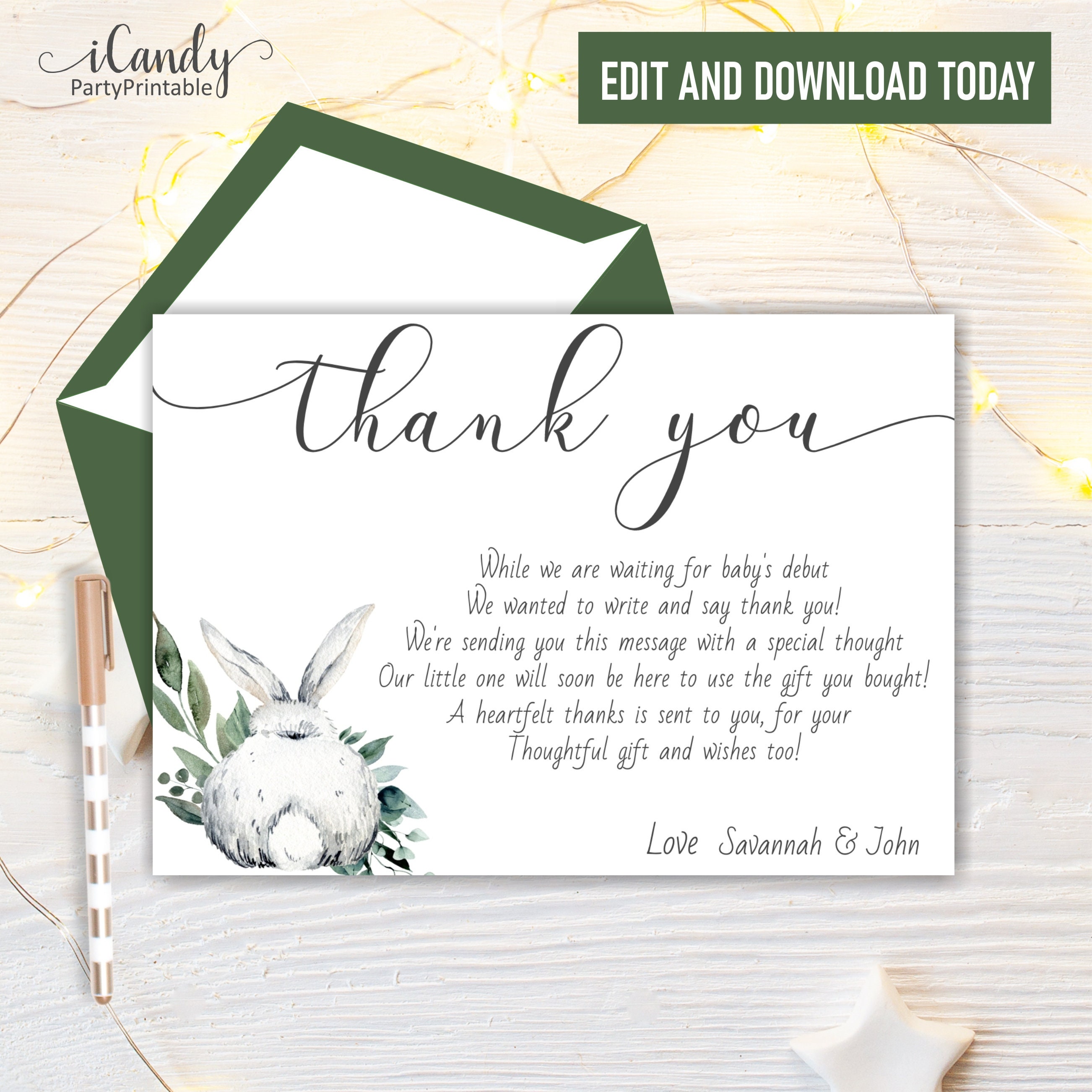 Baby Shower Thank You Cards, Bunny Baby Shower, Thank you Cards, Printable,  Editable Instant Download