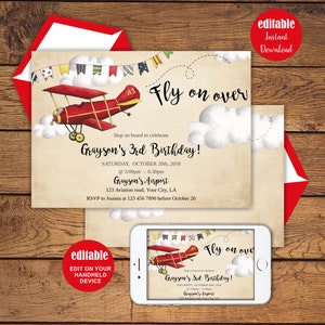 Airplane Invitation, Airplane Party Editable Invitation, Fly on over invite, Instant download image 3