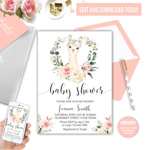 Llama Baby Shower Invitation, Llama Invitation, Printable Baby Shower, Llama Mama Shower, Editable Template, image 1