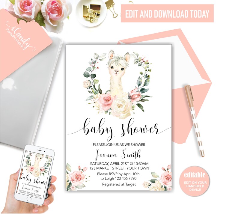 Llama Baby Shower Invitation, Llama Invitation, Printable Baby Shower, Llama Mama Shower, Editable Template, image 1